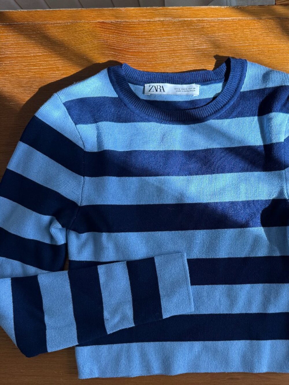 ZARA Blue Striped Knit Cropped Crewneck Sweater Size M